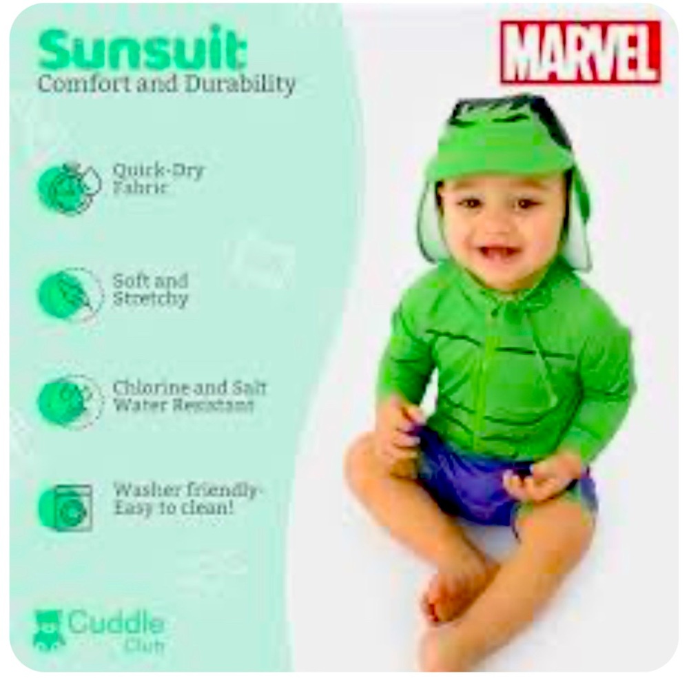 Cuddle Club Marvel Hulk Rashgaurd Swimsuit Protective Hat included.